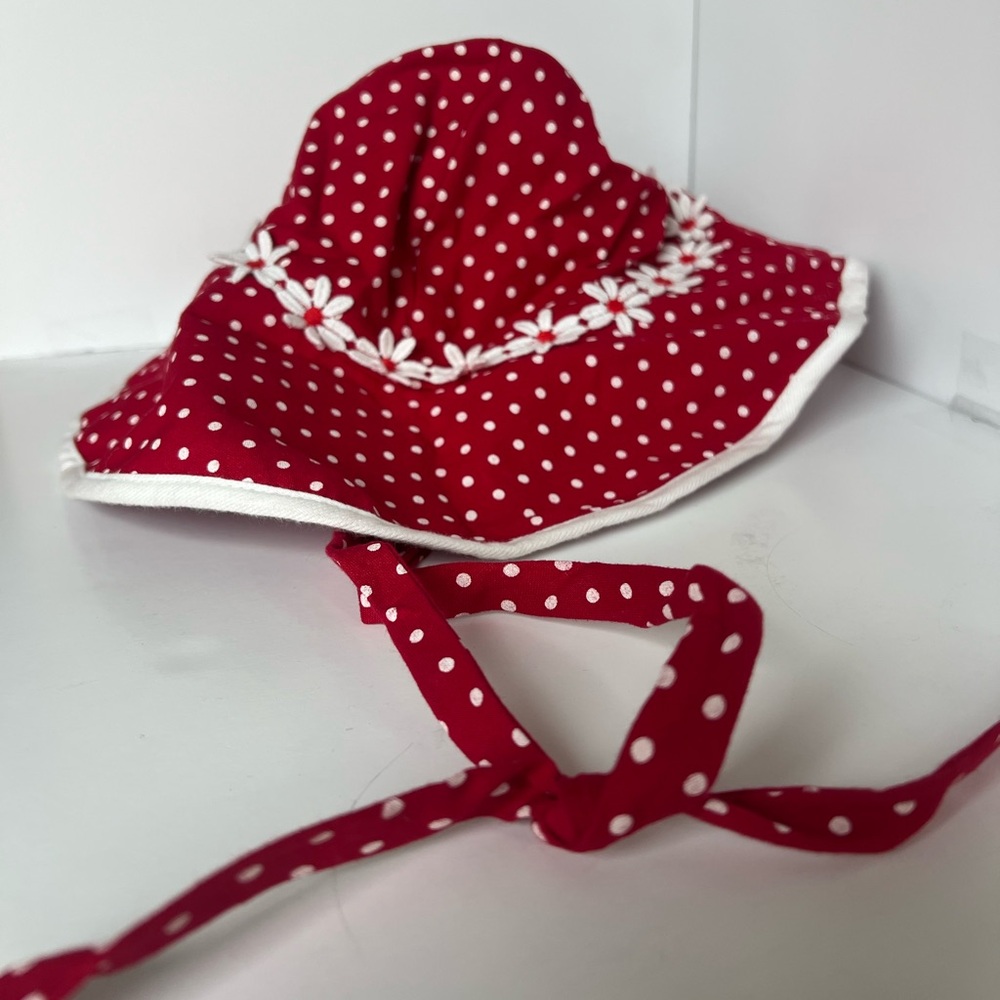 Girls Red & White Polka Dot Floral Hat Size 3T
